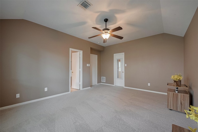 21619 Oakcreek Ct, Katy, TX 77450 - empty room featuring lofted ceiling, ceiling fan, and light colored carpet