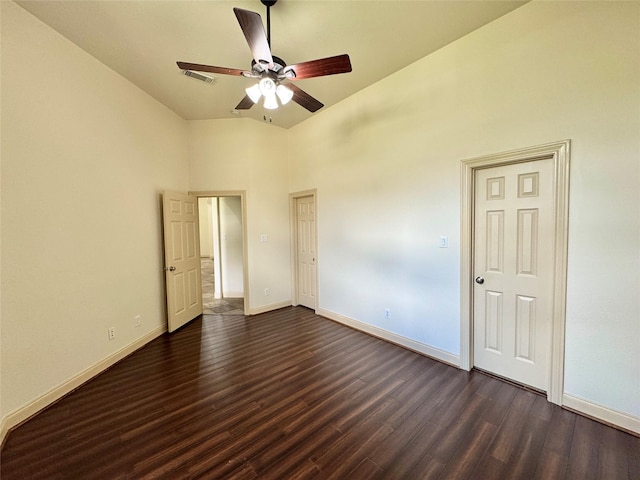8110 Hideaway Run Way, Spring, TX 77389 - empty room with dark wood-style flooring, a ceiling fan, and high vaulted ceiling