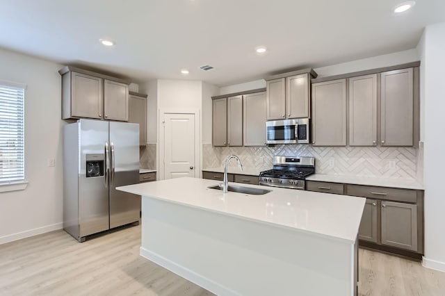 19367 Poppy Village Cir, Magnolia, TX 77355 - kitchen featuring stainless steel appliances, tasteful backsplash, light wood-style flooring, gray cabinets, and a kitchen island with sink