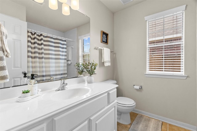 423 Carson Ridge Dr, Spring, TX 77386 - bathroom featuring vanity, tile patterned flooring, a shower with shower curtain, and a chandelier