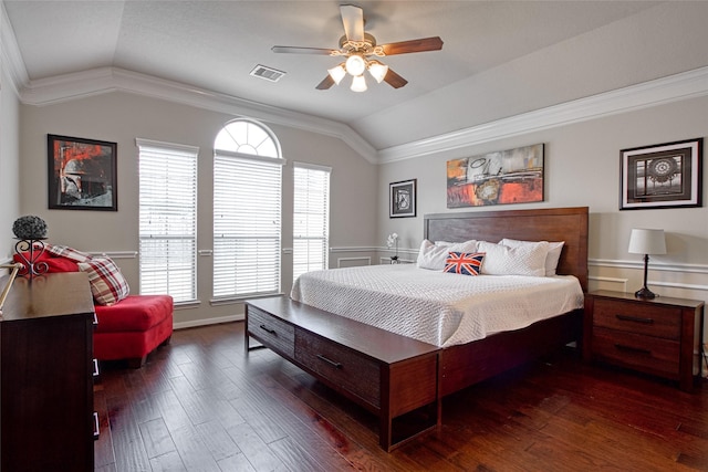 423 Carson Ridge Dr, Spring, TX 77386 - bedroom with lofted ceiling, dark wood finished floors, crown molding, and a ceiling fan