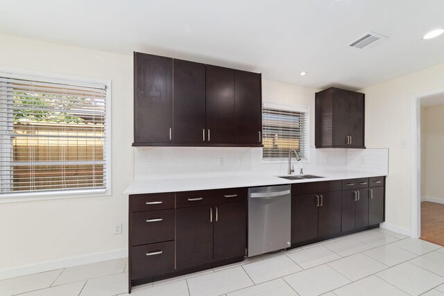 6234 Shadow Crest St, Houston, TX 77074 - kitchen featuring dishwasher, tasteful backsplash, light countertops, dark brown cabinets, and recessed lighting