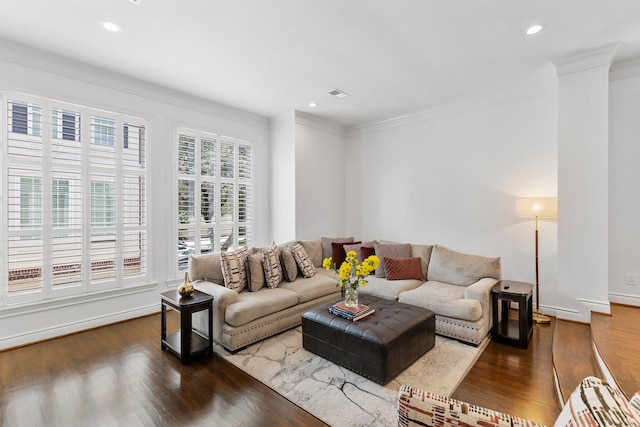 1908 Greenwich Place Dr, Houston, TX 77019 - living area featuring wood finished floors, ornamental molding, recessed lighting, and ornate columns
