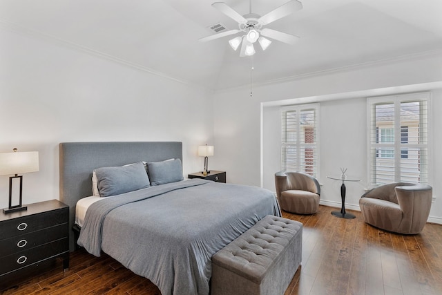 1908 Greenwich Place Dr, Houston, TX 77019 - bedroom featuring wood-type flooring, lofted ceiling, crown molding, and a ceiling fan