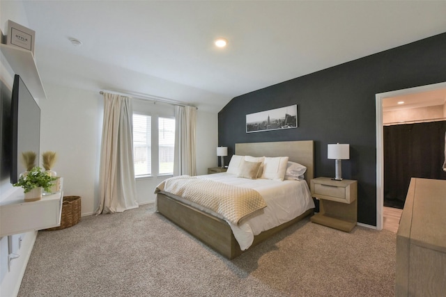 14417 Gray Rocks Rd, Splendora, TX 77372 - bedroom featuring carpet flooring, lofted ceiling, and recessed lighting