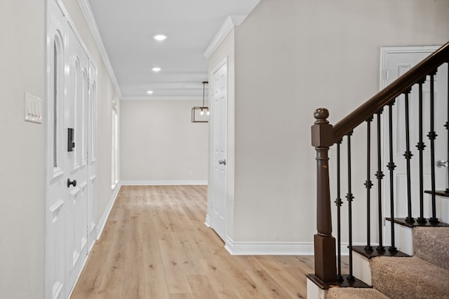 3503 Arbor Terrace Ct, Spring, TX 77388 - corridor featuring ornamental molding, recessed lighting, light wood finished floors, and stairway