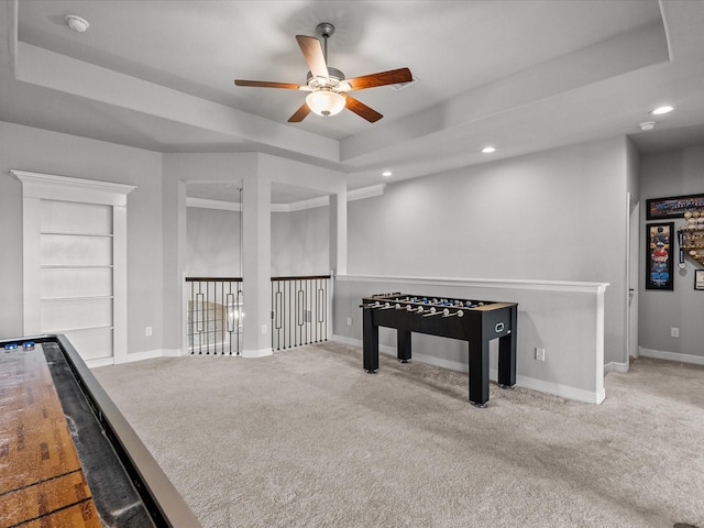 3723 Kerr Commons Ln, Houston, TX 77059 - game room featuring a raised ceiling, ceiling fan, carpet floors, and recessed lighting