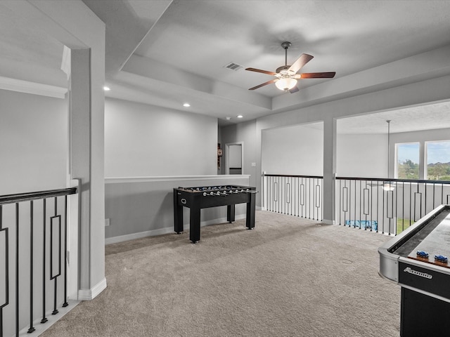 3723 Kerr Commons Ln, Houston, TX 77059 - recreation room with a ceiling fan, carpet flooring, a raised ceiling, and recessed lighting
