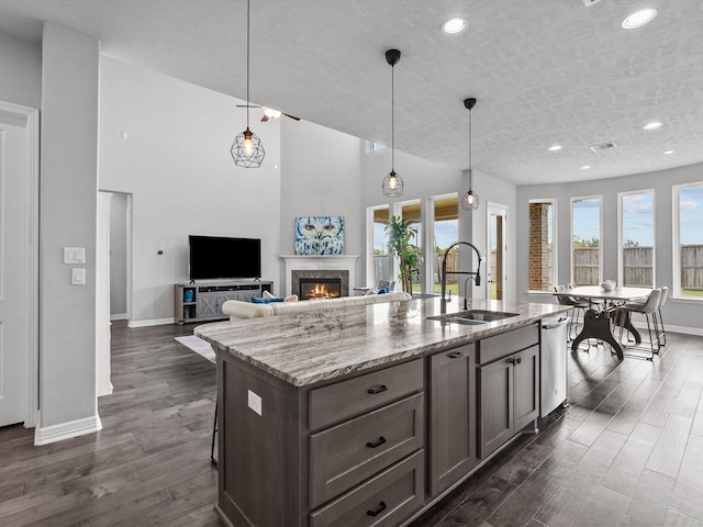 3723 Kerr Commons Ln, Houston, TX 77059 - kitchen with stainless steel dishwasher, a high end fireplace, recessed lighting, dark wood-type flooring, and a center island with sink