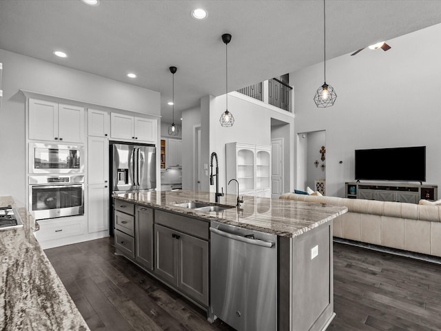 3723 Kerr Commons Ln, Houston, TX 77059 - kitchen featuring stainless steel appliances, dark wood finished floors, light stone countertops, white cabinetry, and an island with sink
