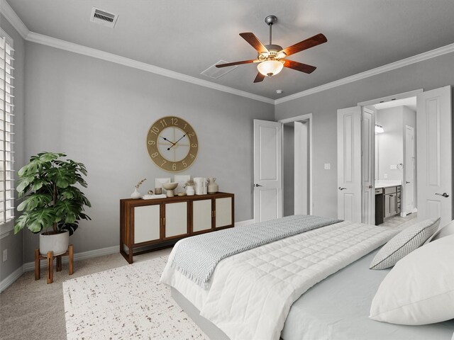 3723 Kerr Commons Ln, Houston, TX 77059 - bedroom with crown molding, light carpet, multiple windows, ensuite bathroom, and a ceiling fan