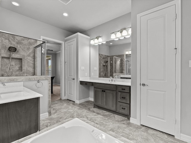 3723 Kerr Commons Ln, Houston, TX 77059 - full bath featuring a shower stall, vanity, marble finish floors, recessed lighting, and a bath
