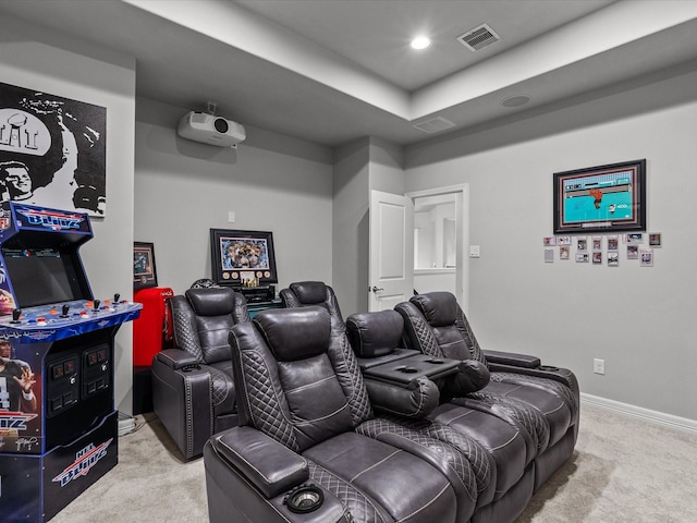 3723 Kerr Commons Ln, Houston, TX 77059 - home theater room with carpet floors, a raised ceiling, and recessed lighting