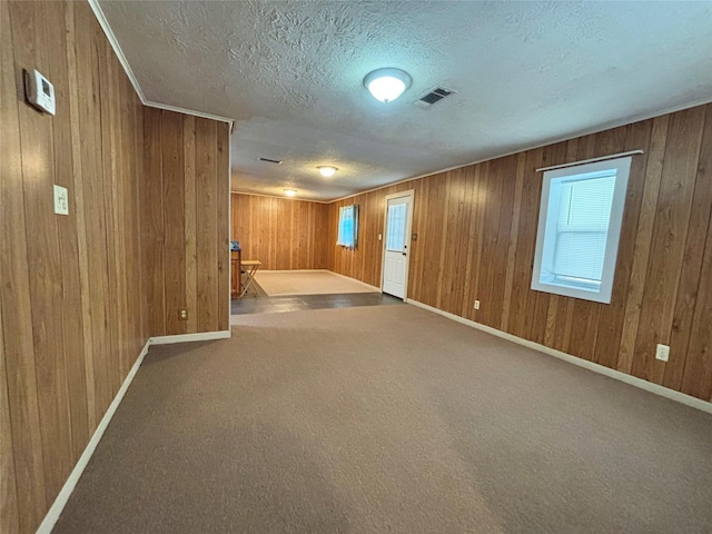 1410 W Pavillion St, Woodville, TX 75979 - below grade area with a textured ceiling, wood walls, and carpet