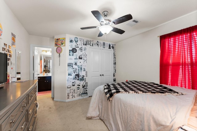 23707 Pennington Hills Dr, Spring, TX 77389 - bedroom with light carpet, a closet, and ceiling fan
