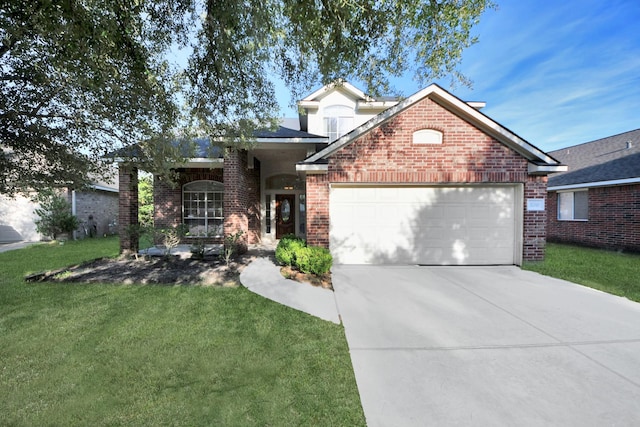 32310 Archer Park, Conroe, TX 77385 - traditional home with brick siding, a garage, driveway, and a front lawn