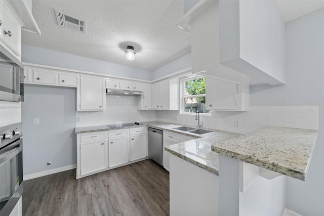 23206 Goodfellow Dr, Spring, TX 77373 - kitchen featuring appliances with stainless steel finishes, a peninsula, white cabinets, dark wood-style flooring, and light stone countertops