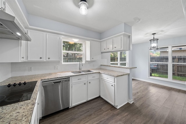 23206 Goodfellow Dr, Spring, TX 77373 - kitchen with stainless steel dishwasher, extractor fan, black electric cooktop, decorative backsplash, and a textured ceiling