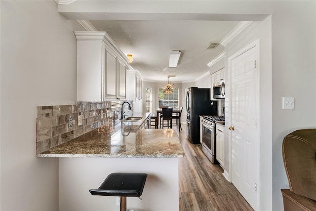 2410 Prides Crossing Rd, Houston, TX 77067 - kitchen with appliances with stainless steel finishes, ornamental molding, light stone countertops, a peninsula, and dark wood-type flooring