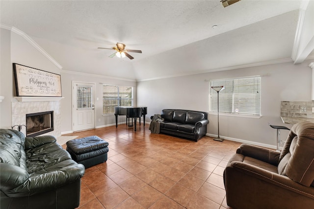 2410 Prides Crossing Rd, Houston, TX 77067 - tiled living area with ceiling fan, a tile fireplace, ornamental molding, and lofted ceiling