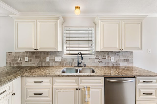 2410 Prides Crossing Rd, Houston, TX 77067 - kitchen with stainless steel dishwasher, cream cabinetry, tasteful backsplash, stone counters, and crown molding