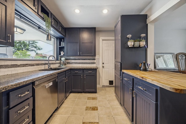 4606 Nina Lee Ln, Houston, TX 77092 - kitchen with stainless steel dishwasher, decorative backsplash, wooden counters, open shelves, and recessed lighting