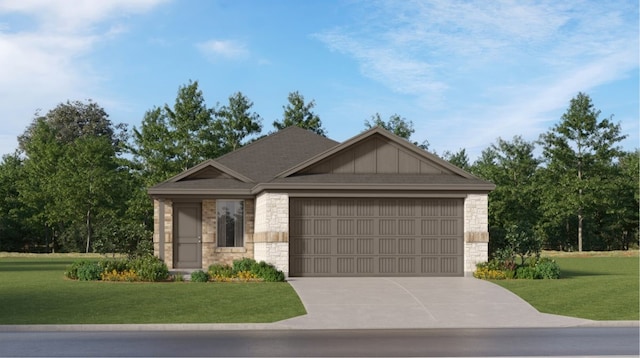 10808 Red Orchid Dr, Houston, TX 77016 - view of front of property featuring stone siding, an attached garage, a front lawn, and driveway