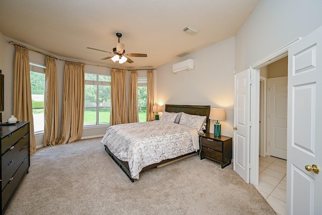 806 Spring Mist Ct, Sugar Land, TX 77479 - bedroom with a wall mounted air conditioner, light colored carpet, and ceiling fan