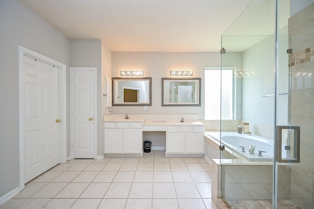 806 Spring Mist Ct, Sugar Land, TX 77479 - bathroom featuring double vanity, a garden tub, tile patterned flooring, and a shower stall