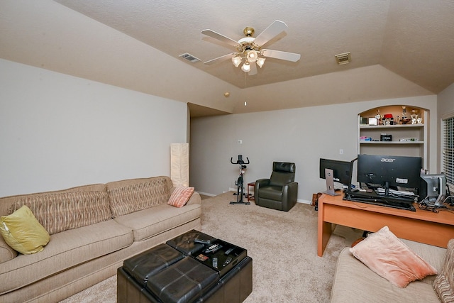 806 Spring Mist Ct, Sugar Land, TX 77479 - living room featuring carpet flooring, ceiling fan, an office area, lofted ceiling, and built in features