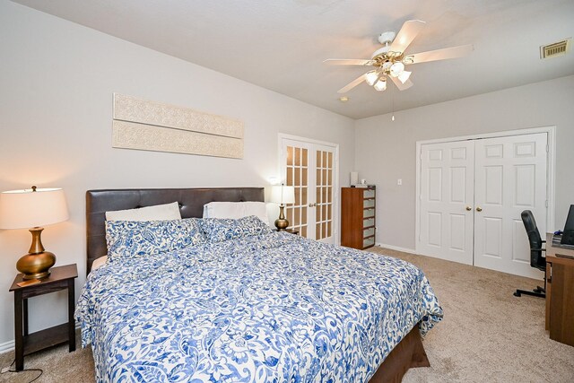 806 Spring Mist Ct, Sugar Land, TX 77479 - bedroom with light carpet, a closet, ceiling fan, and french doors