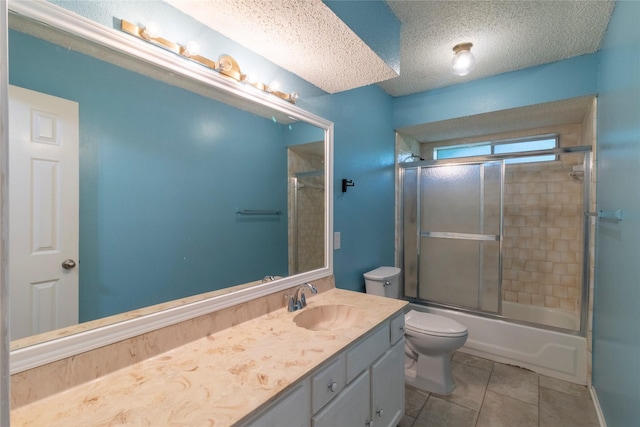 15823 Stagecoach Rd, Stagecoach, TX 77355 - full bathroom with vanity, enclosed tub / shower combo, a textured ceiling, and tile patterned flooring