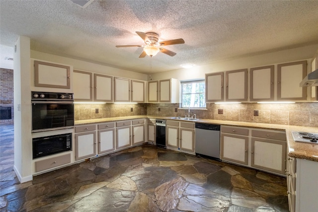 15823 Stagecoach Rd, Stagecoach, TX 77355 - kitchen with black appliances, a ceiling fan, tasteful backsplash, a textured ceiling, and light countertops