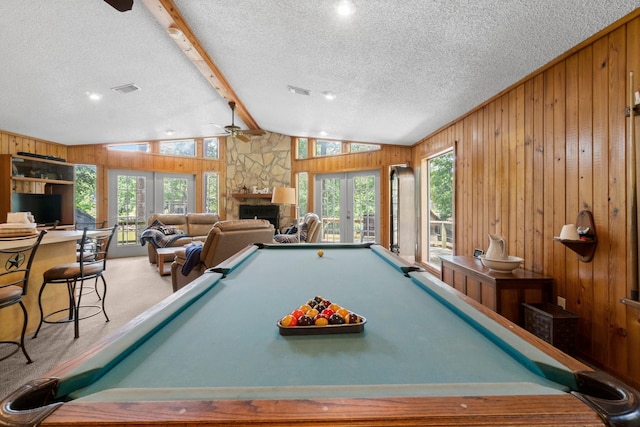 31 N Lakeview Dr, Point Blank, TX 77364 - game room with french doors, a textured ceiling, carpet flooring, billiards, and ceiling fan