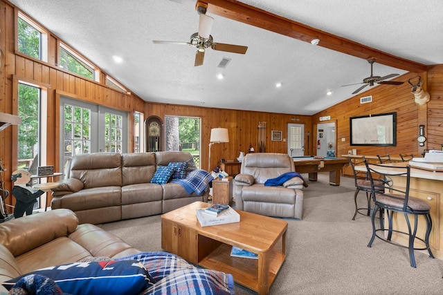31 N Lakeview Dr, Point Blank, TX 77364 - living area featuring wooden walls, ceiling fan, light carpet, billiards table, and a textured ceiling