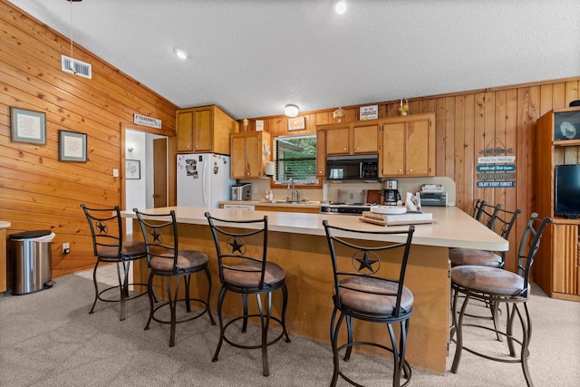 31 N Lakeview Dr, Point Blank, TX 77364 - kitchen with freestanding refrigerator, black microwave, wood walls, light colored carpet, and light countertops