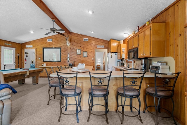 31 N Lakeview Dr, Point Blank, TX 77364 - kitchen featuring freestanding refrigerator, a textured ceiling, wood walls, light countertops, and black microwave