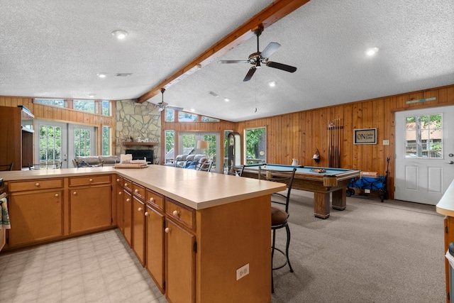 31 N Lakeview Dr, Point Blank, TX 77364 - kitchen with ceiling fan, a textured ceiling, light countertops, a stone fireplace, and wood walls
