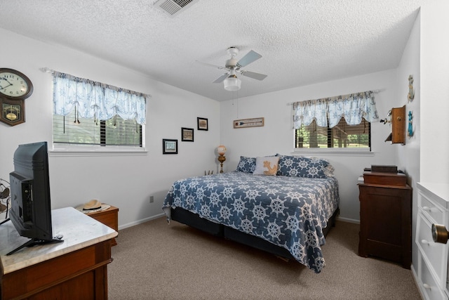 31 N Lakeview Dr, Point Blank, TX 77364 - bedroom with carpet floors, a wood stove, a textured ceiling, and ceiling fan