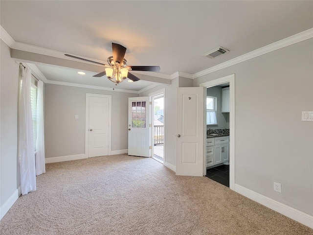 2608 Arlington St, Houston, TX 77008 - empty room with carpet floors, a ceiling fan, and ornamental molding