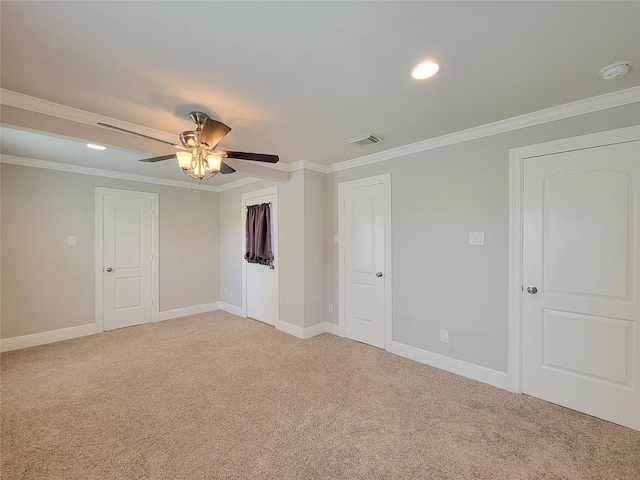 2608 Arlington St, Houston, TX 77008 - unfurnished bedroom with ornamental molding, light colored carpet, a closet, ceiling fan, and recessed lighting