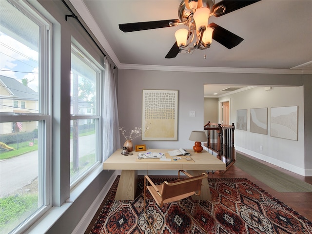 2608 Arlington St, Houston, TX 77008 - office with plenty of natural light, wood finished floors, ornamental molding, and ceiling fan