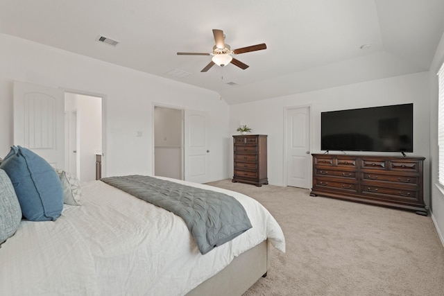 18402 Hilltop Climb Dr, Hockley, TX 77447 - bedroom with light carpet, a ceiling fan, and vaulted ceiling