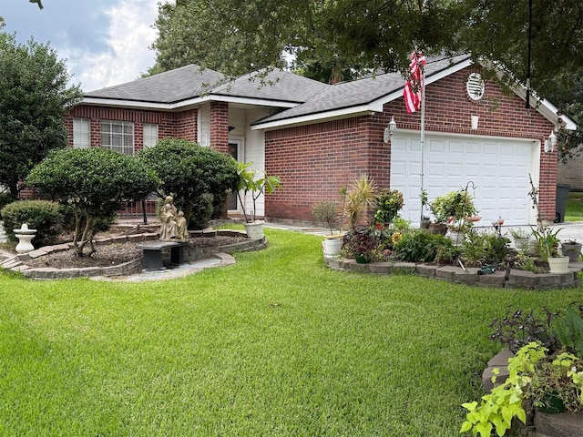 343 Lake View Dr, Montgomery, TX 77356 - view of front of home with brick siding, an attached garage, and a front lawn