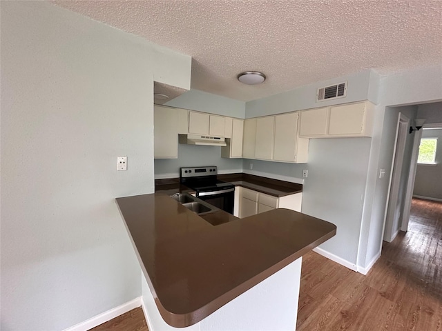 607 Reed Ave, Wharton, TX 77488 - kitchen with range with electric stovetop, dark countertops, a peninsula, under cabinet range hood, and dark wood finished floors