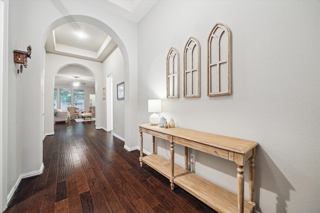 3030 Rabbit Brush Ln, Manvel, TX 77578 - corridor featuring arched walkways, a tray ceiling, and hardwood / wood-style flooring