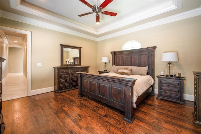 3610 Pembrooke Dr, Richmond, TX 77406 - bedroom with a raised ceiling, dark wood finished floors, crown molding, and ceiling fan