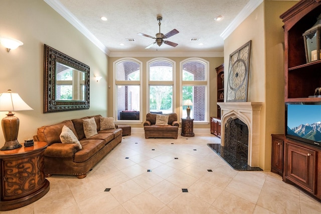 3610 Pembrooke Dr, Richmond, TX 77406 - living area with crown molding, plenty of natural light, a ceiling fan, a premium fireplace, and light tile patterned flooring