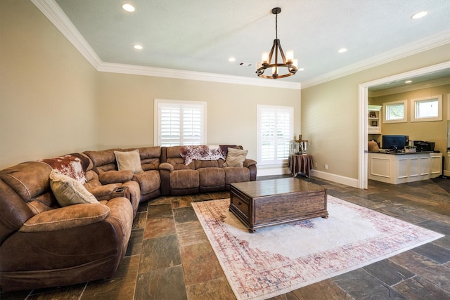 3610 Pembrooke Dr, Richmond, TX 77406 - living area featuring stone tile floors, recessed lighting, a chandelier, crown molding, and an office area