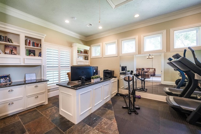 3610 Pembrooke Dr, Richmond, TX 77406 - office featuring crown molding, recessed lighting, dark stone finish floors, and a textured ceiling